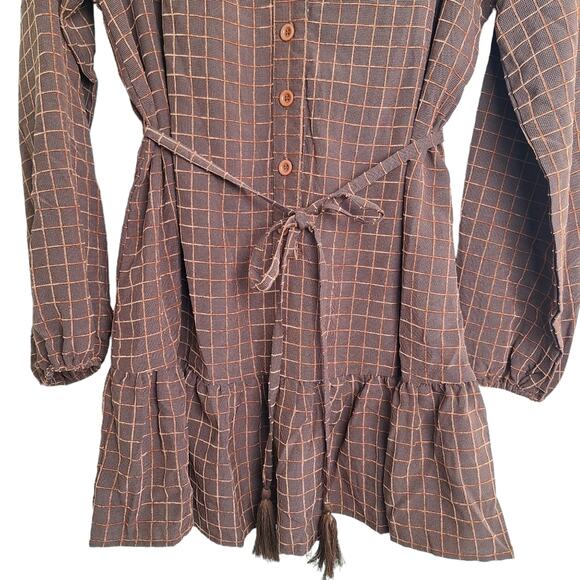 Lalavon Brown & Caramel Check Pattern Mini Dress Peasant Sleeves L - Picture 5 of 12